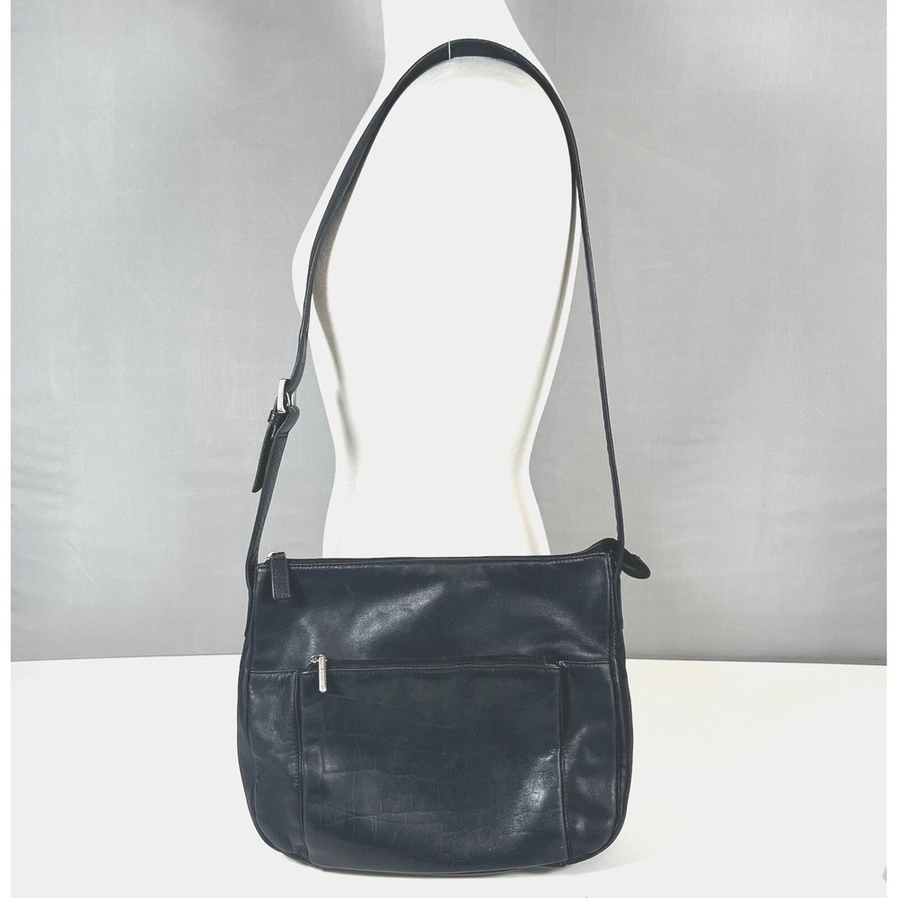 Stone Mountain‎ Women's Leather Shoulder Bag Black Green Crocodile Embossed